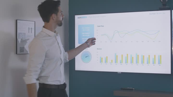 A presenter showing launch charts